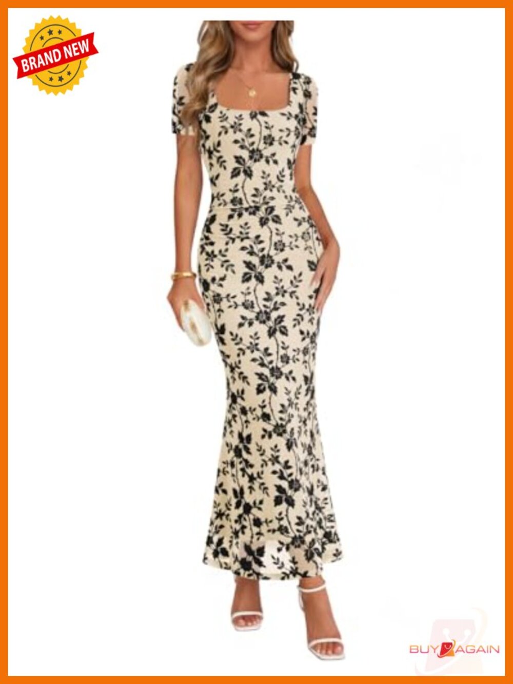 Womens Floral Square Neck Short Sleeve Maxi Dress Bodycon Cocktail Party